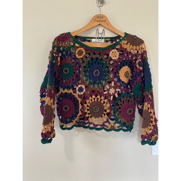 Vintage colorful crocheted cropped long sleeve free size beads Carolina Colours - Picture 2 of 5